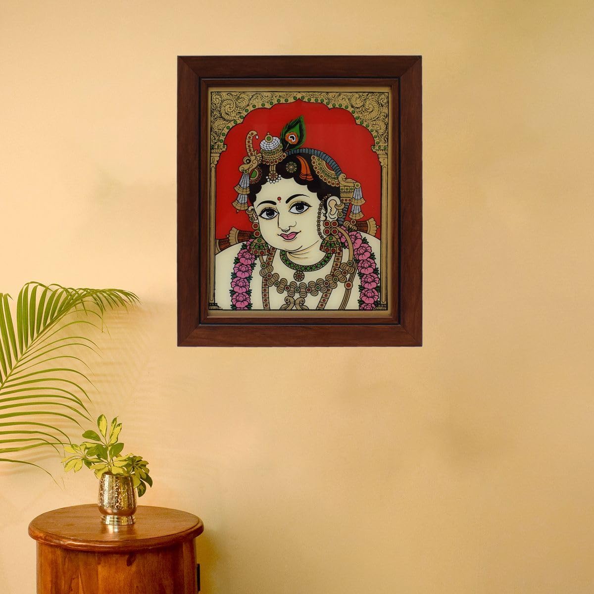 Tarang Arts Krishna Tanjore Reverse Glass Painting With Fiber Frame, Handmade Traditional Wall Art For Home Decor, Office, Puja,